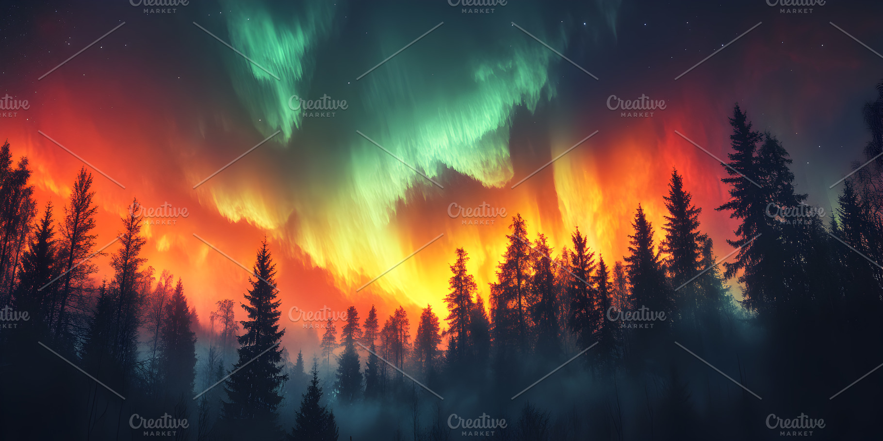 Northern lights over dark pine forest, a Nature Photo by Photostock
