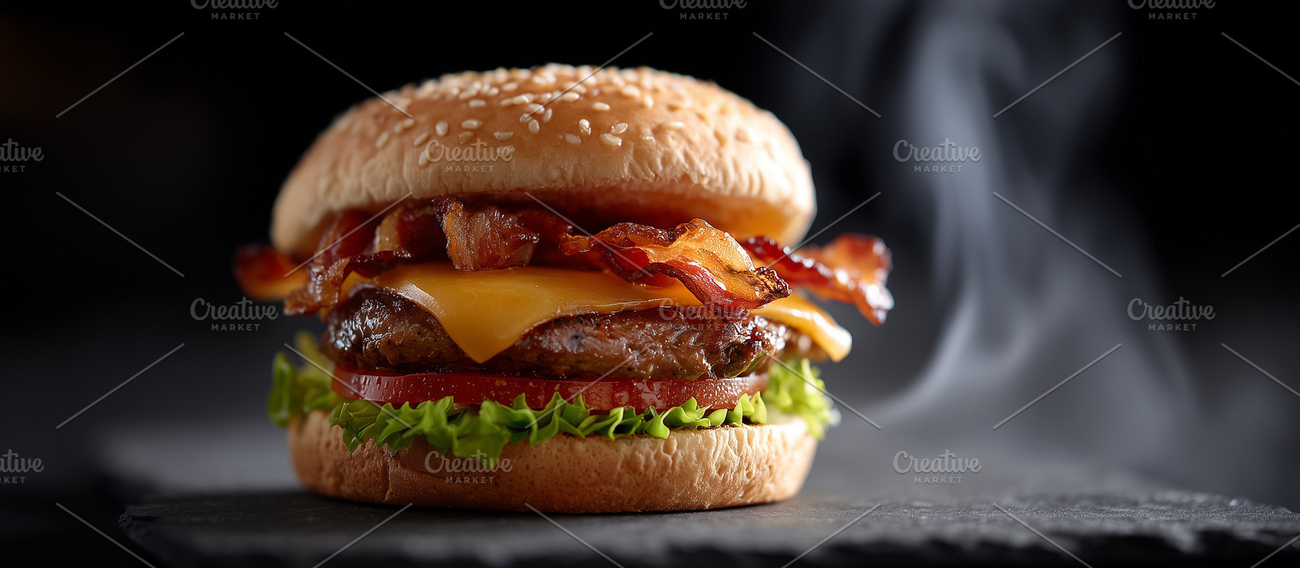 Juicy cheeseburger with crispy bacon, a Food & Drink Photo by MistyDay