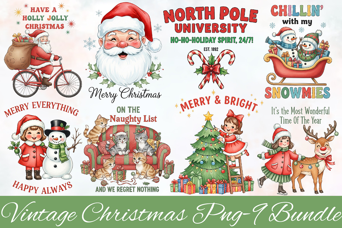 Vintage Christmas PNG Bundle, an Illustration by Designworld (Photo 1 of 10)