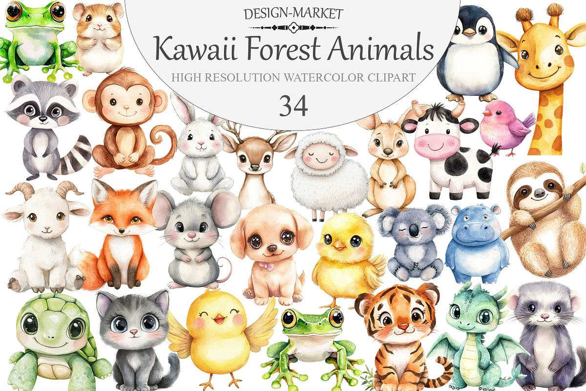 Watercolor Kawaii Forest Animals, an Illustration by Design Market (Photo 1 of 4)