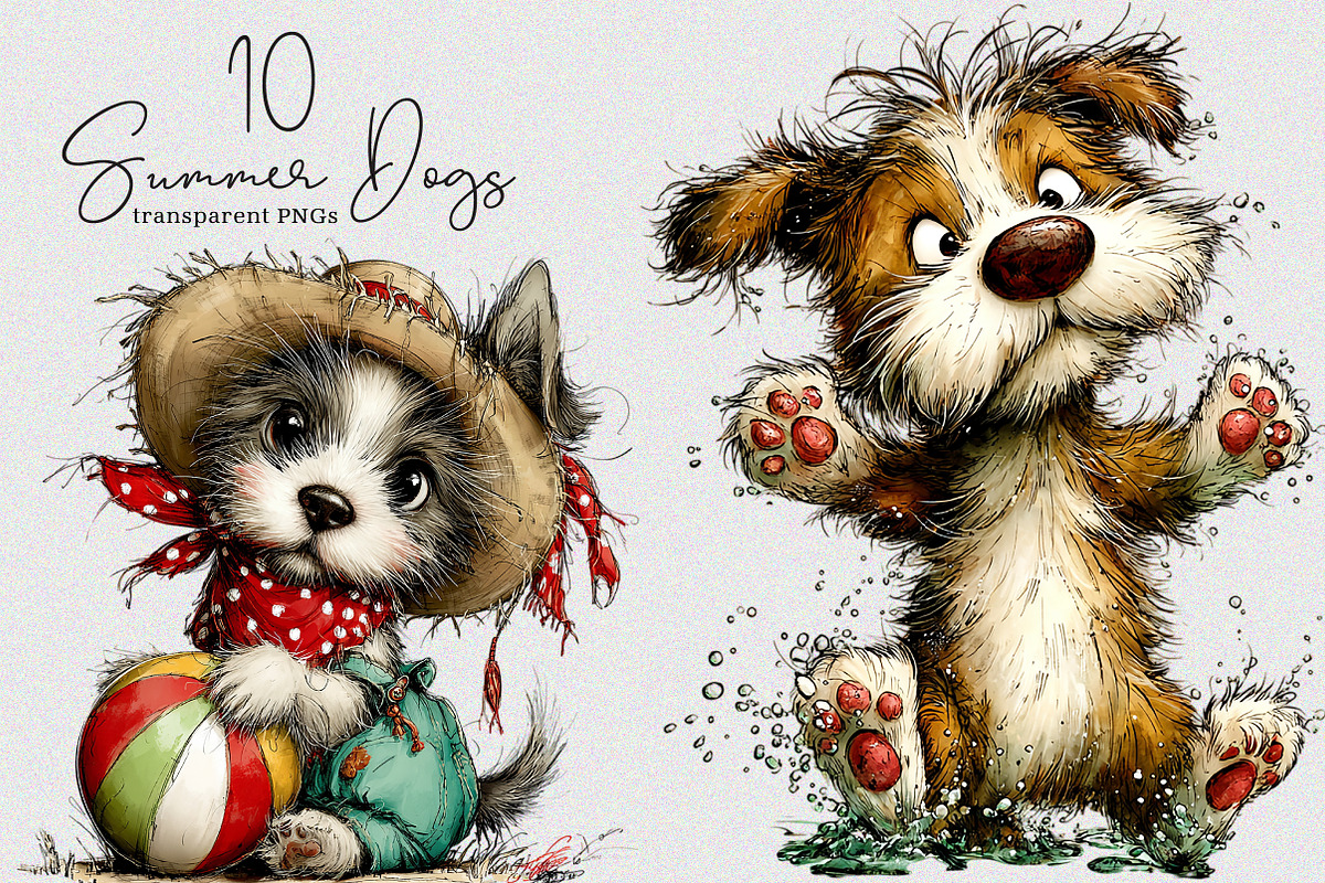 Whimsical Summer Dogs Clipart Bundle, an Illustration by SinaCreation (Photo 1 of 7)