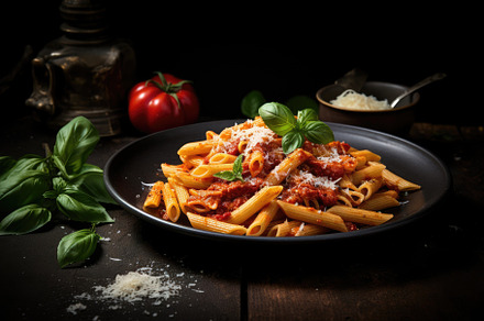 Penne pasta with tomato sauce, parme, a Photo by Iftikhar Alam