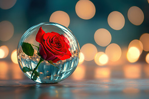 Red glowing rose in transparent glass on lights background, a Nature Photo by AlyaAnd