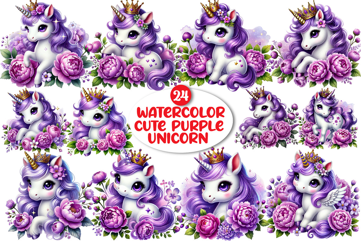 Cute Purple Unicorn Clipart, an Illustration by DreamArtGraphic (Photo 1 of 5)