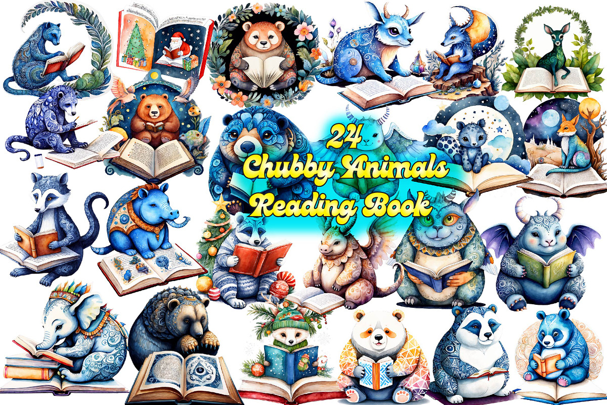 Chubby Animals Reading Book Clipart, an Illustration by Wow Magic (Photo 1 of 4)
