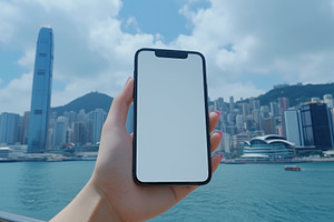 A hand holding a smartphone iPhone mockup with a blank screen, set against a ba, an iPhone Mockup by Textures & Backgrounds