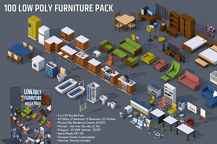 100 Low Poly Furniture Pack 4 in 1, a Furniture 3D Model by multimedia4ds