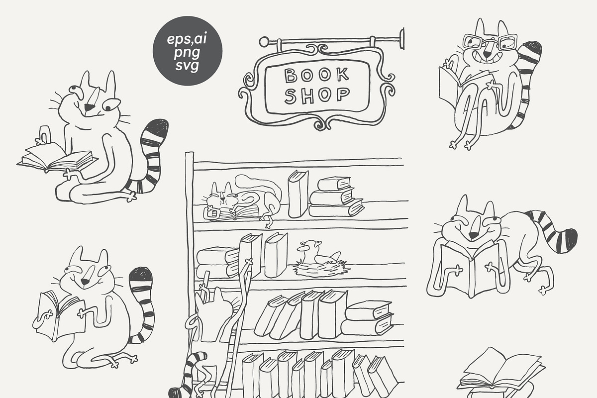 Cat characters in a Bookshop, an Illustration by Anastasiya Klempach (Photo 2 of 10)