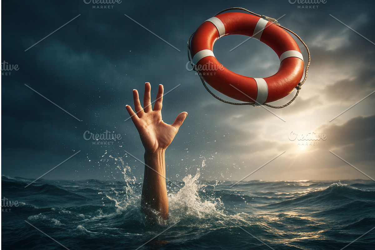 A hand reaches out of the ocean, an Illustration by Sergey Kotenev
