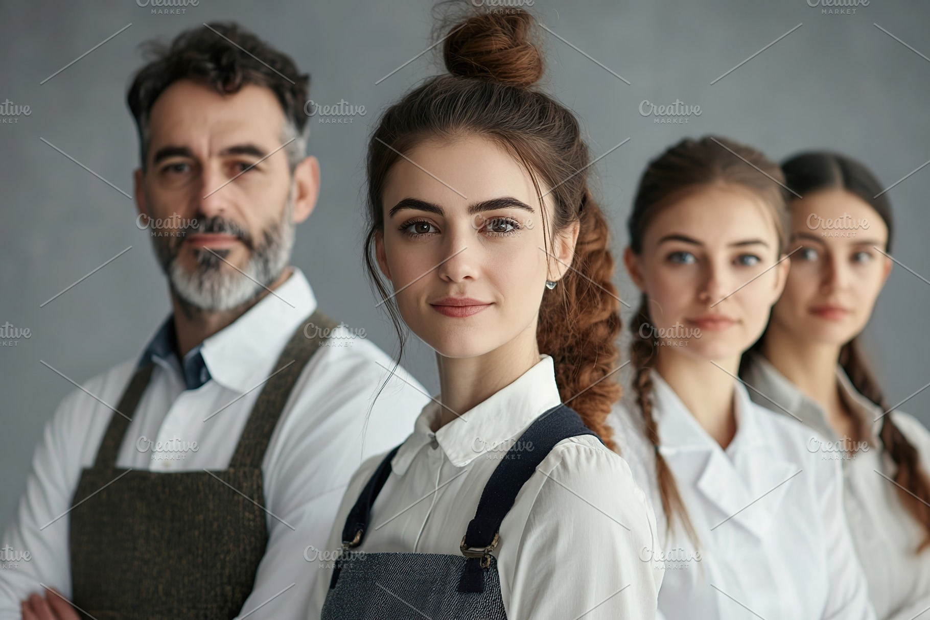 Group of people wearing in aprons standing on grey background, a Person Photo by AlyaAnd