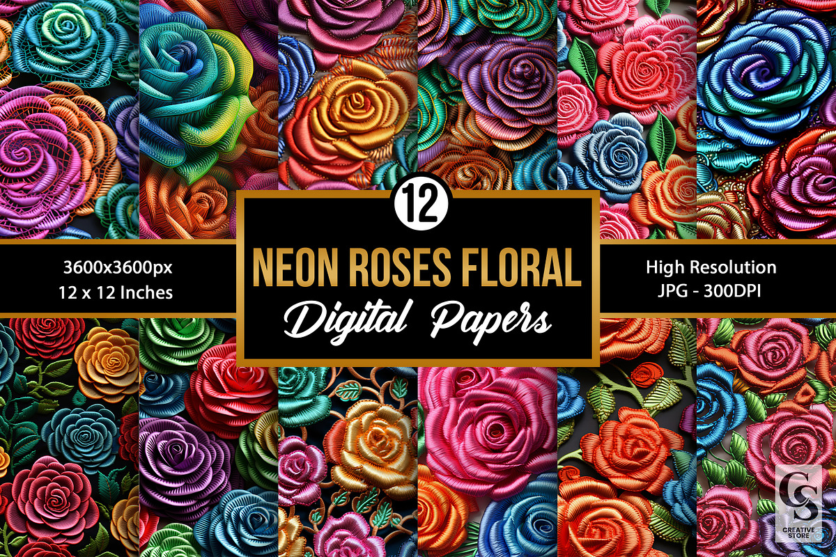 Neon Roses Embroidery Digital Papers