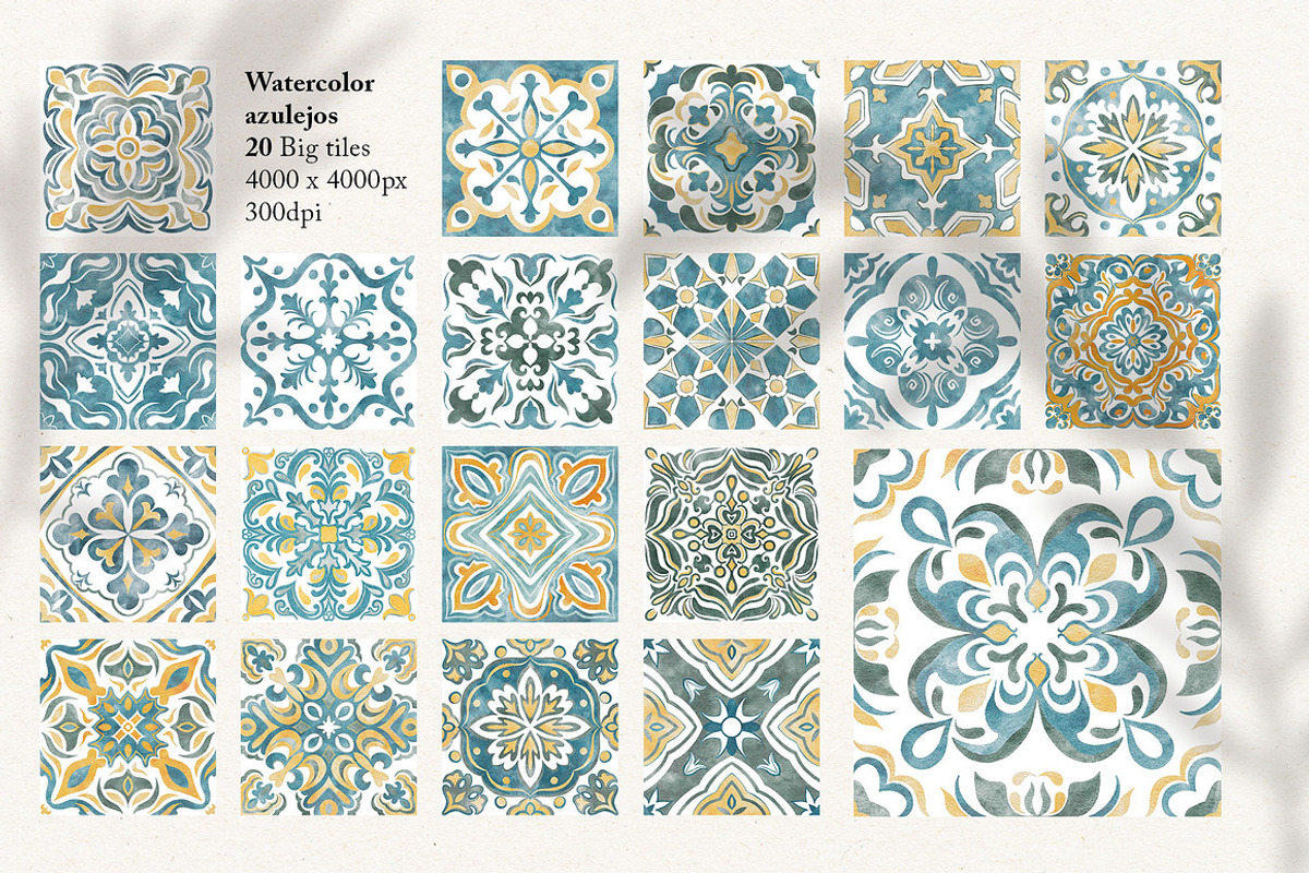Azulejos watercolor tiles & Patterns, a Pattern Graphic by Jenny Quince (Photo 7 of 12)