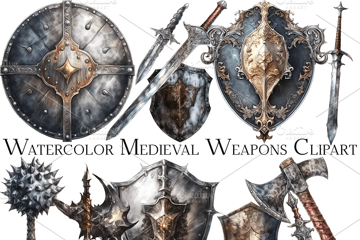 Watercolor Medieval Weapons Clipart, an Object Graphic by ArtisticTimberStudio (Photo 1 of 2)