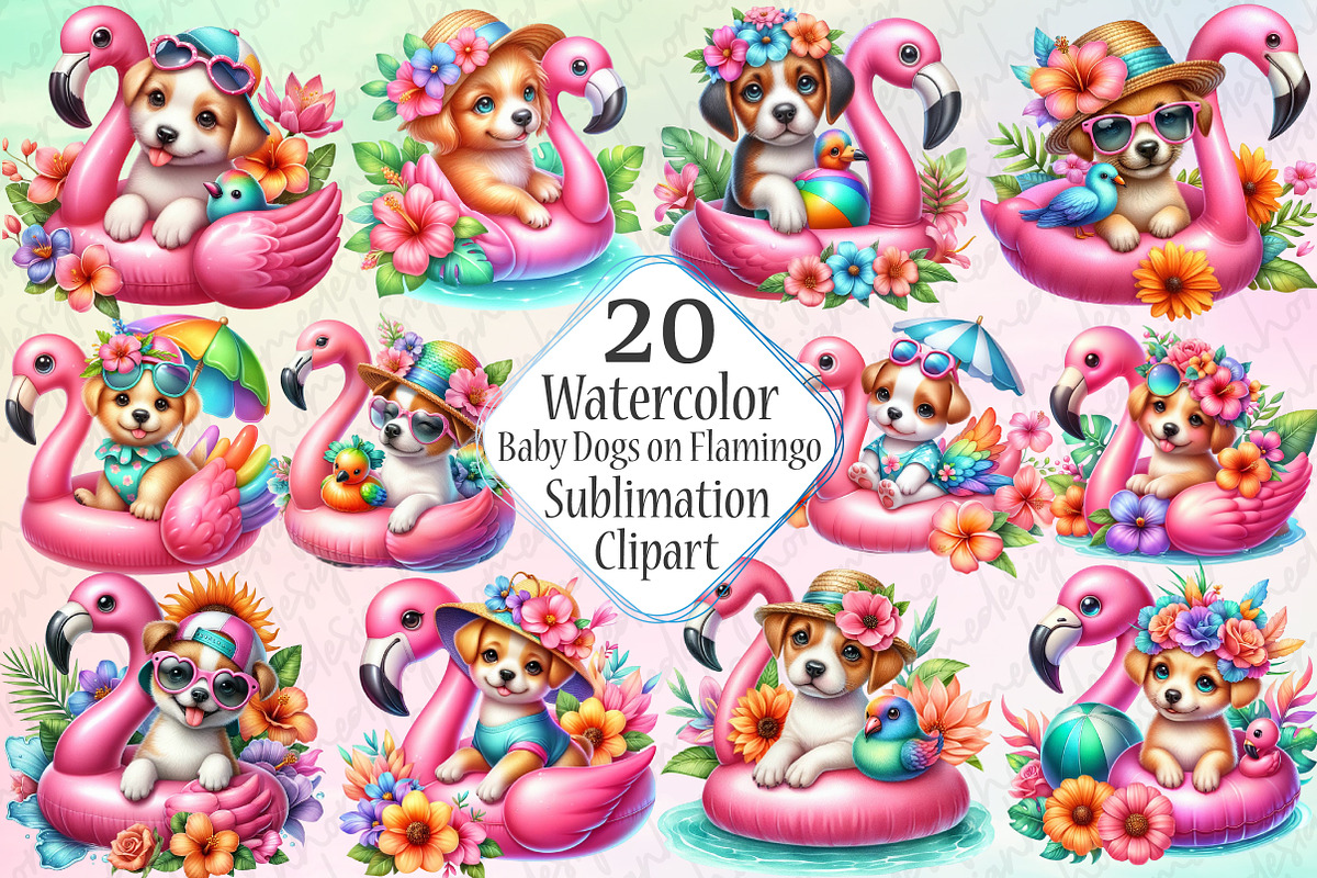 Summer Baby Dogs on Flamingo Clipart, a Graphic by SinaCreation (Photo 1 of 4)