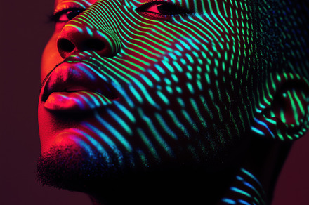 A striking portrait of a person with colorful light patterns projected on their, a Person Photo by Textures & Backgrounds