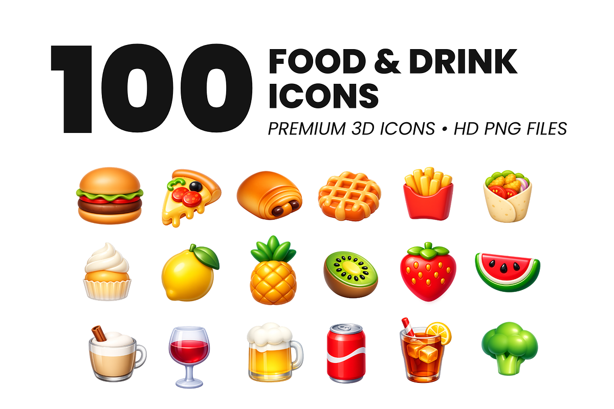 100 Food & Drink 3D Premium Icons, a Solid Icon by Icons Drop (Photo 1 of 5)
