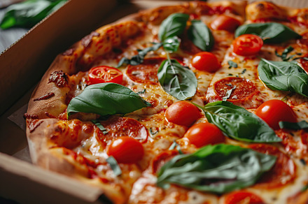 Fresh homemade pizza with cheese and meat in cardboard box, a Food & Drink Photo by AlyaAnd