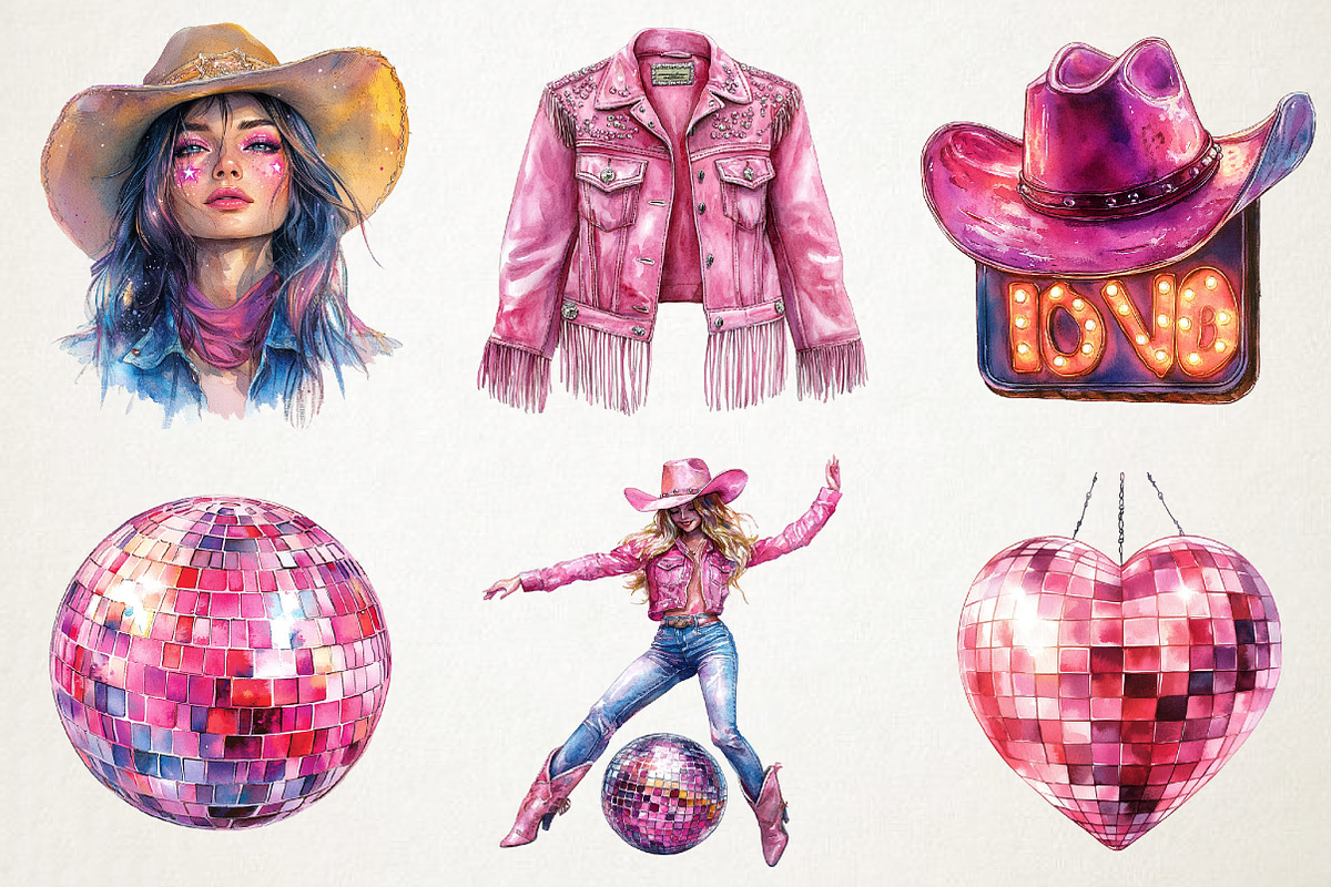 Pink Disco Cowgirl Watercolor Clipar, an Illustration by RobertsArt (Photo 7 of 7)