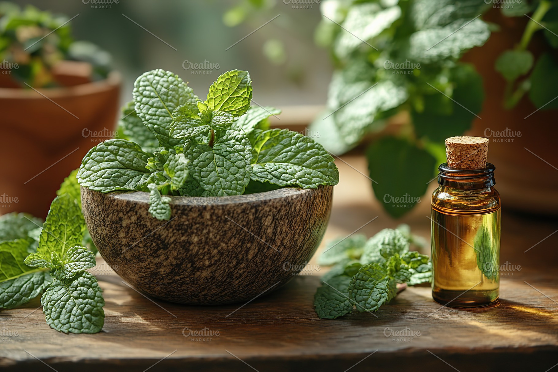 Small bottle of mint essential oil with mint leaves in mortar, a Food & Drink Photo by AlyaAnd