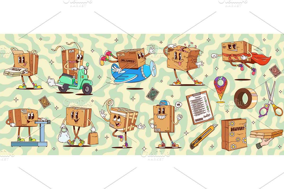 Cartoon groovy delivery boxes, a Transportation Illustration by Vector Tradition