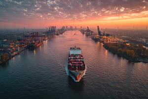 Container Ship at Sunset in Busy Har, a Photo by Pixeness Studio