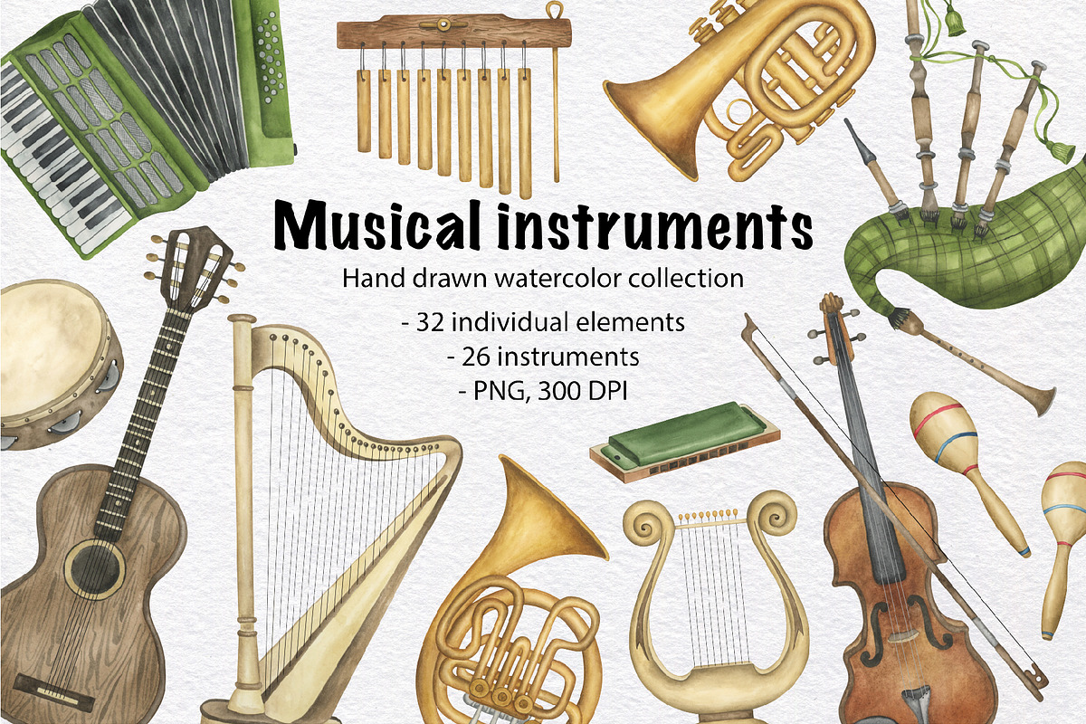 Musical Instruments Watercolor Set, an Education Illustration by KathrineWatercolor (Photo 1 of 9)