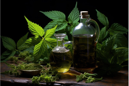 Nettle oil glass bottles. Generate, a Nature Photo by Ylivdesign