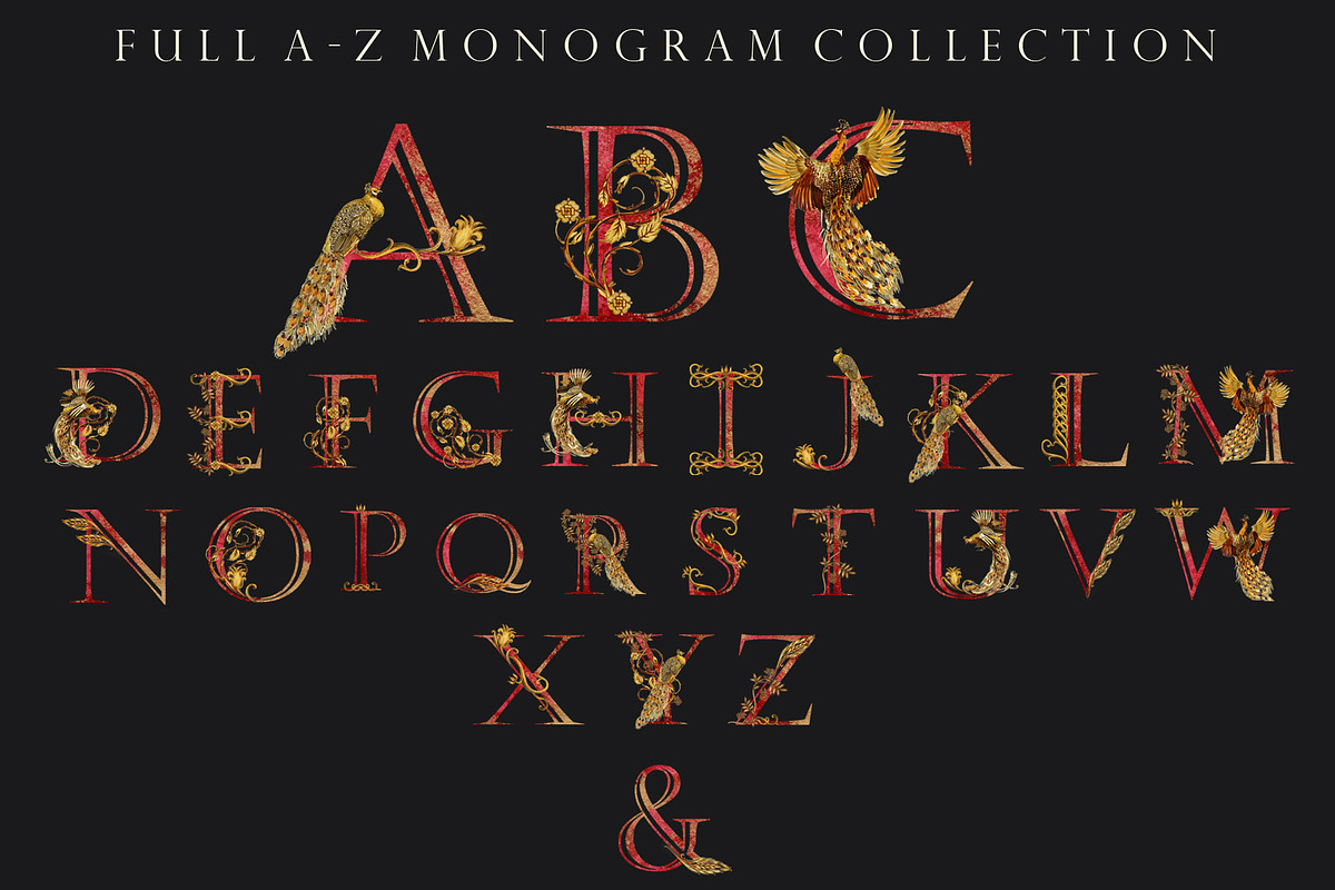 Peacock Gold & Burgundy Monograms, an Object Illustration by FineArt