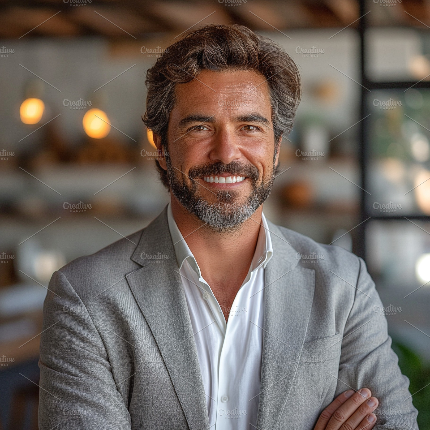 A confident middle-aged Hispanic man with a well-groomed beard smiles warmly in, a Person Photo by ImageMir