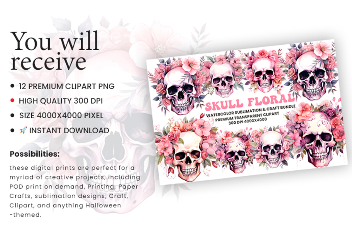 Watercolor Pink Skull Clipart Bundle, an Object Illustration by Creative Arslan (Photo 5 of 9)