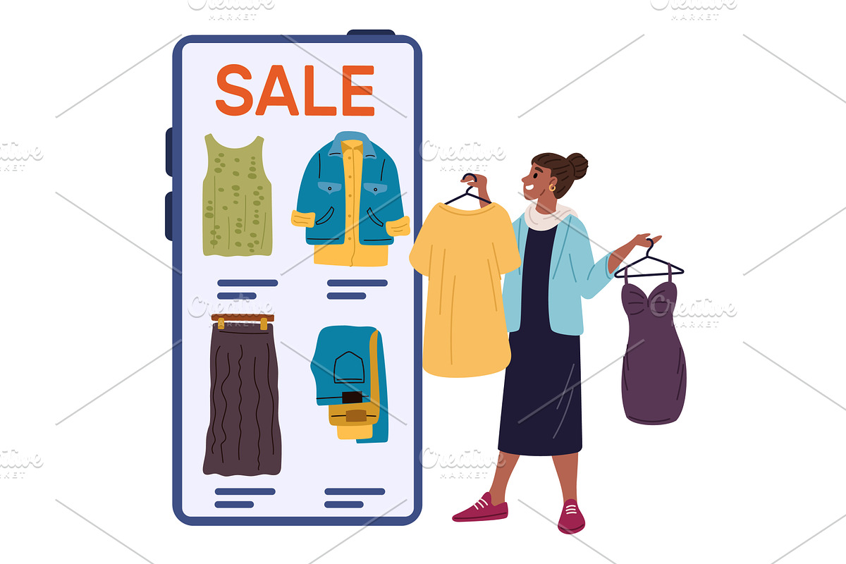 Girl chooses and buys womens clothes, an Object Illustration by Vectorbuum