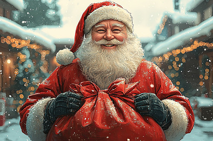 Santa Claus smiling in a festive village during a snowy holiday evening, a Photo by AS photostudio