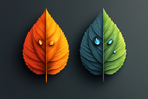 Symmetrical orange and green leaves with water droplets on dark, a Person Photo by José Manuel Gelpi