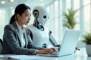 Executive woman working with robot i, a Photo by Perpis