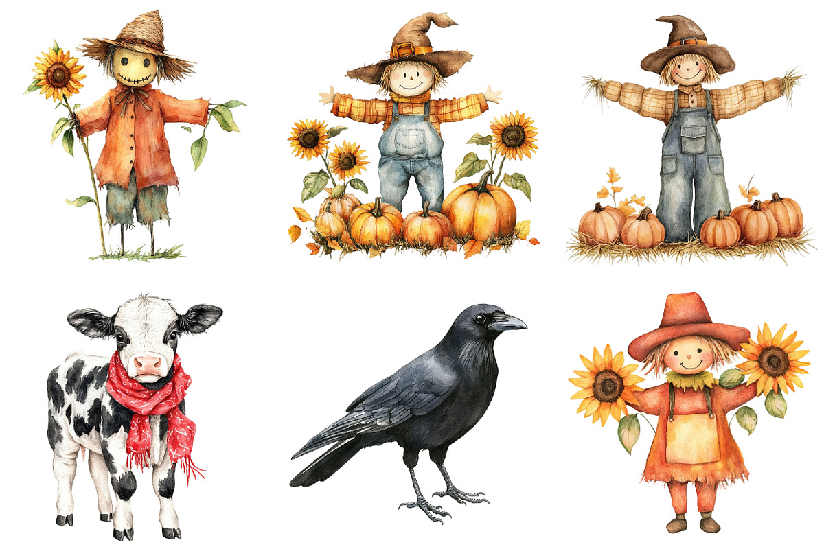Watercolor Scarecrow Clipart Set, an Illustration by CitraGraphics (Photo 3 of 5)