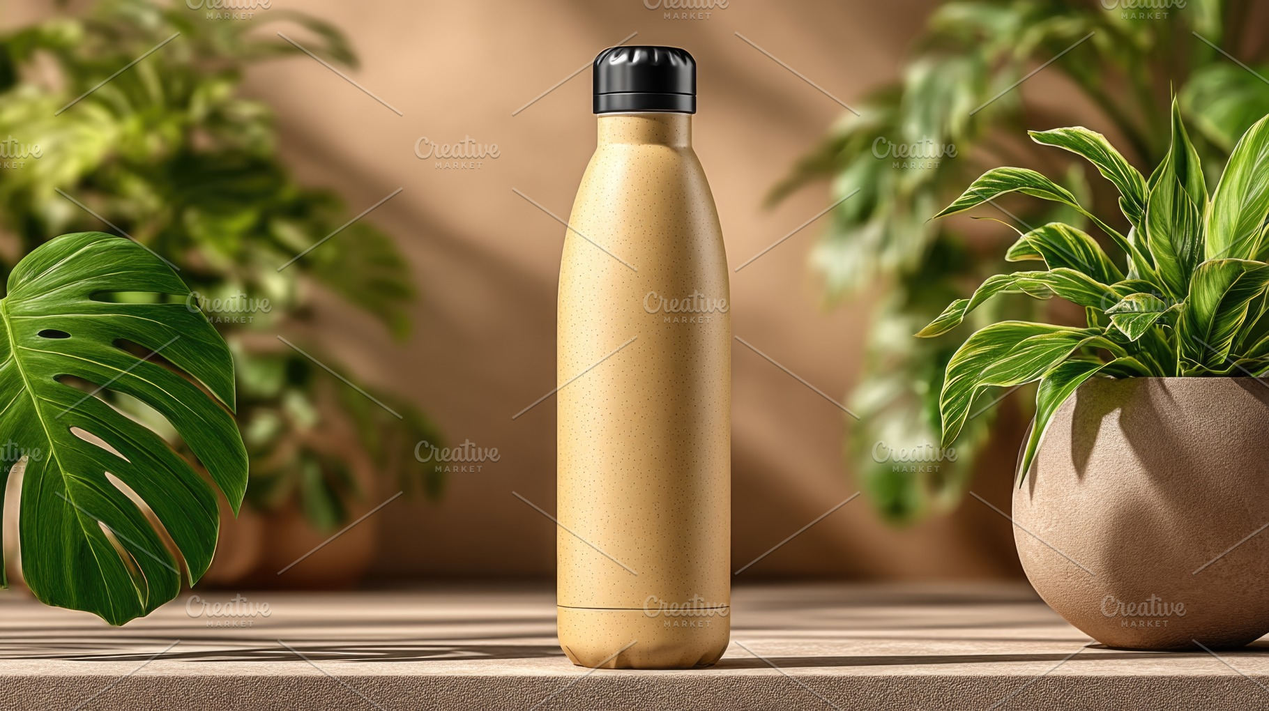 Reusable water bottle on natural background with plants, eco fri, a Food & Drink Photo by José Manuel Gelpi