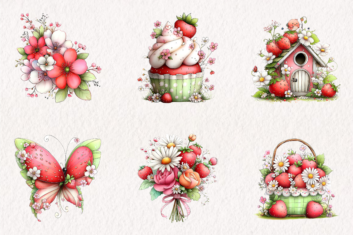 Whimsical Spring Strawberry Clipart, an Illustration by CreationArt (Photo 4 of 10)