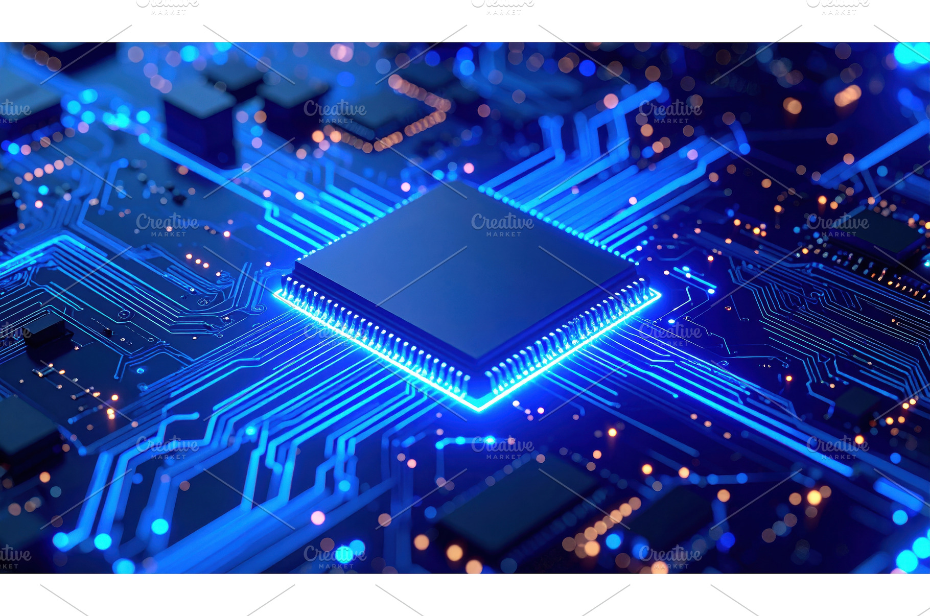 Close-up of a glowing microchip on a, a Technology Photo by Igor Tichonow