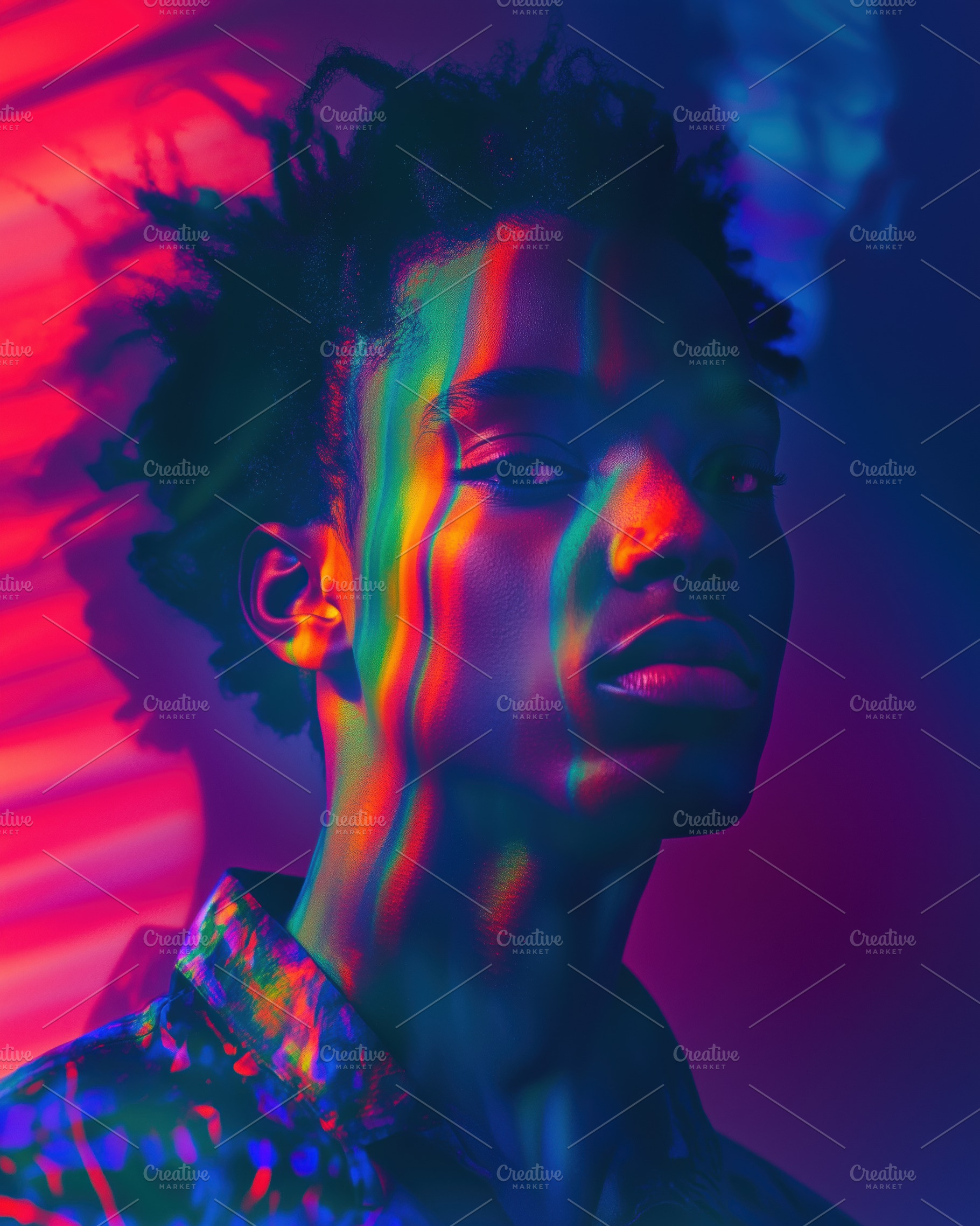 A portrait of a young man with textured hair, illuminated by vibrant, colorful, a Person Photo by Textures & Backgrounds