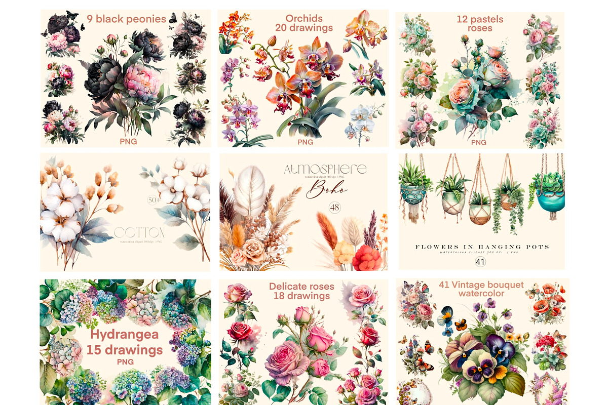Flowers 50 cliparts, big Bundle, a Decorative Illustration by Hello My Print (Photo 5 of 10)