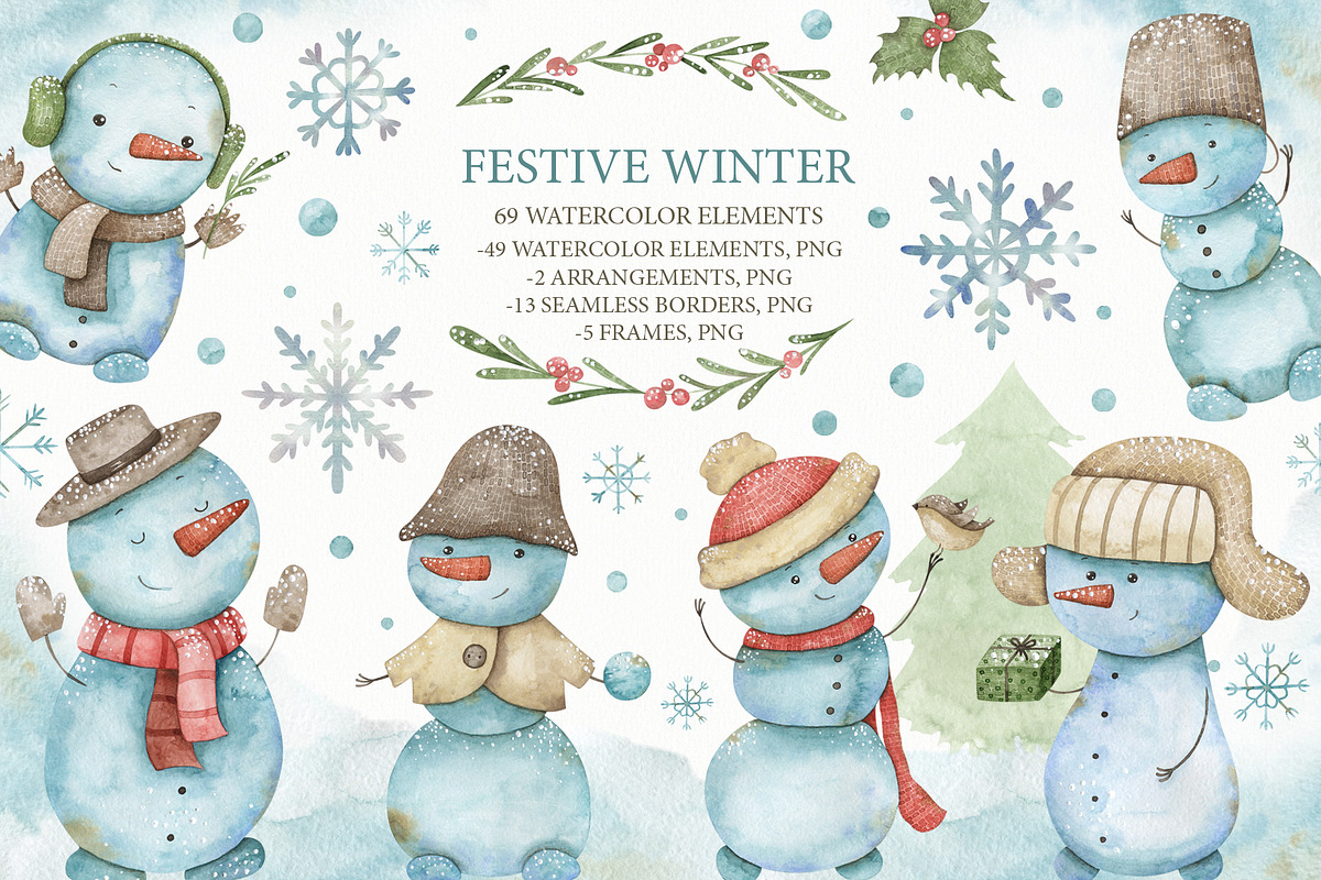 Watercolor festive winter clipart, an Illustration by OrangePeafowlArt (Photo 1 of 11)
