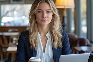 A young Caucasian woman with long blonde hair sits in a café, holding a coffee, a Person Photo by ImageMir