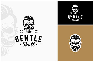 Mustache Skull Barbershop Retro Logo