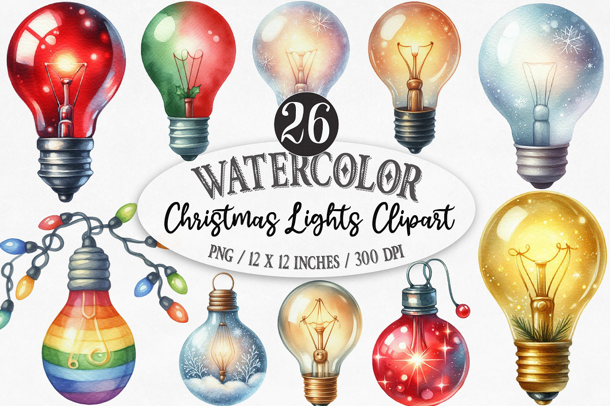 Watercolor Christmas Lights Clipart, an Illustration by Designking (Photo 1 of 5)