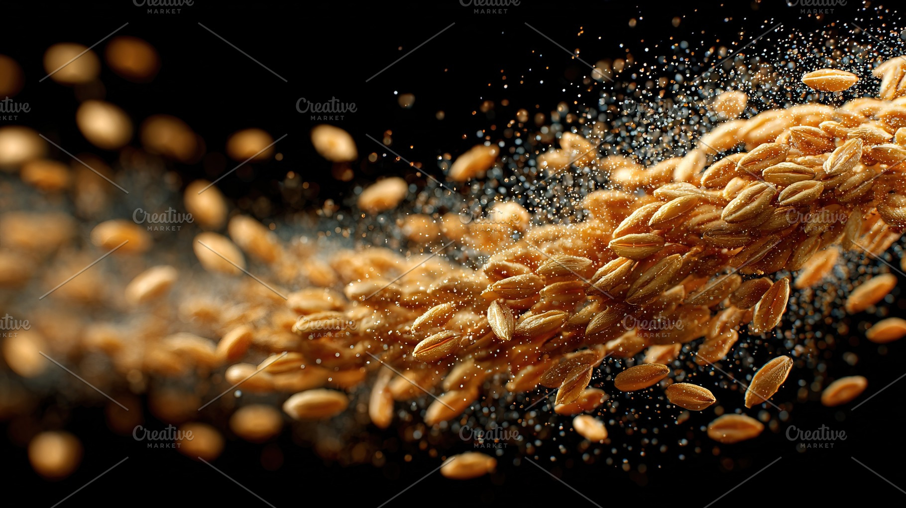 Flying Wheat Grains on Black, a Food & Drink Photo by Ales Munt