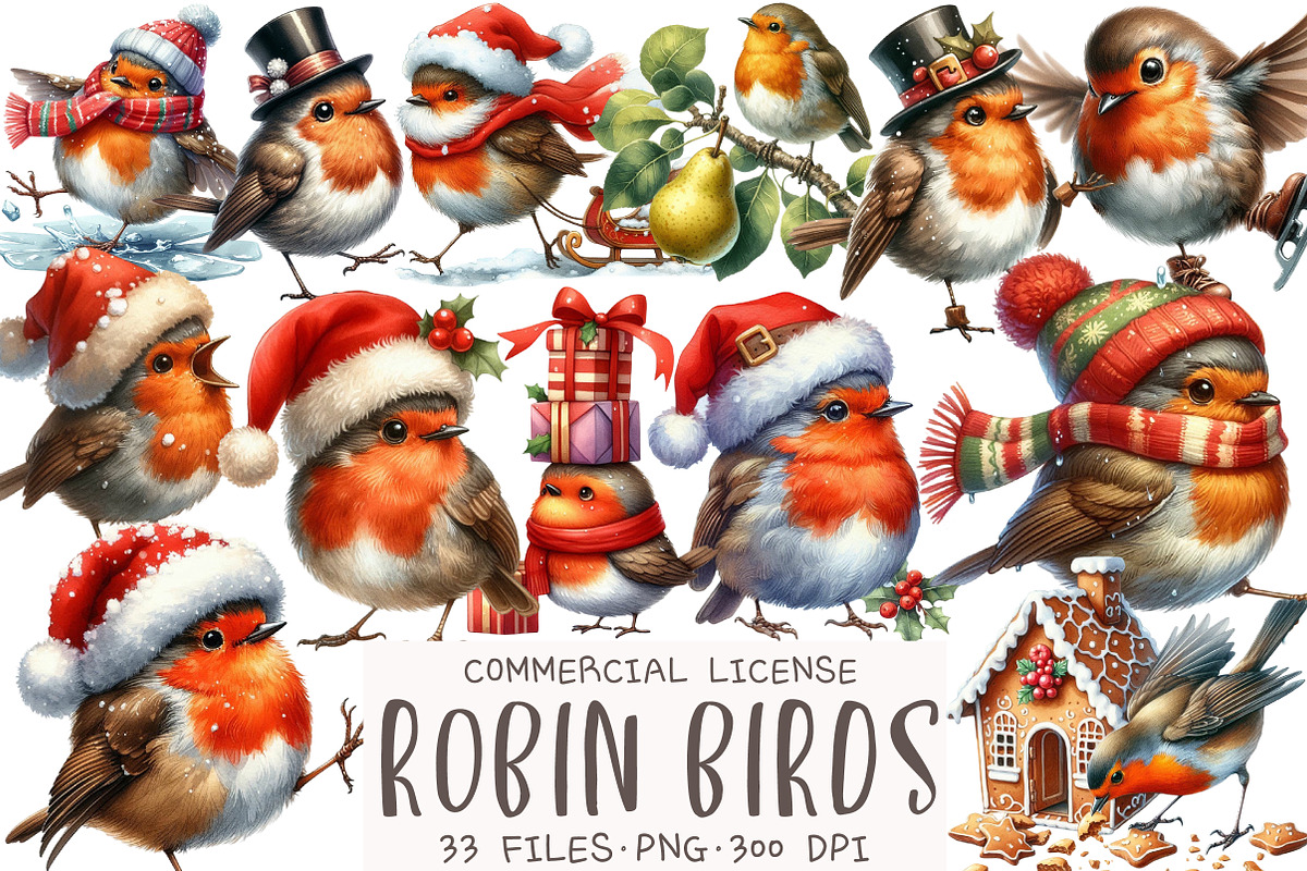 Christmas Robin Birds Clipart, an Illustration by OK Design (Photo 1 of 5)