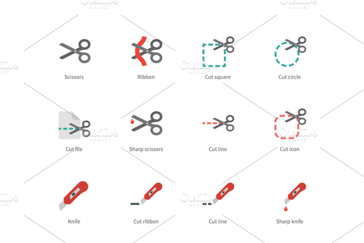 Cut scissors and knife colored icons