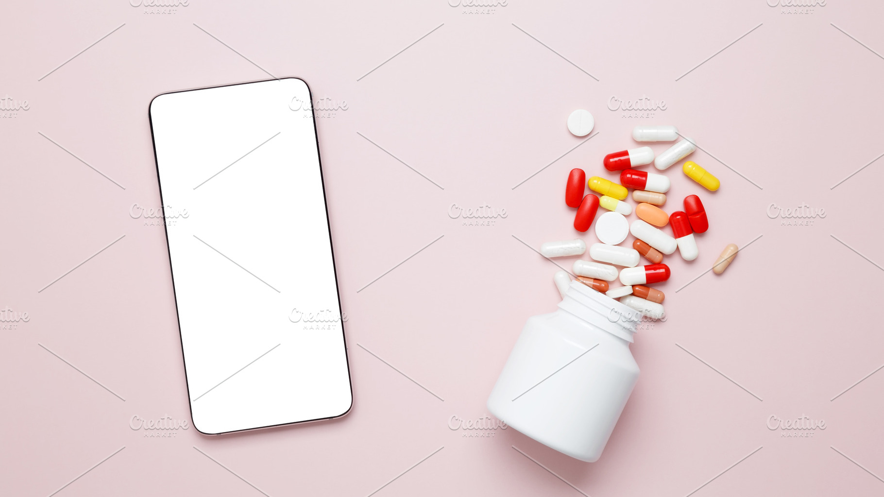 Representing medicine and healthcare. White bottle with colorful capsules and a, a Photo by matucha