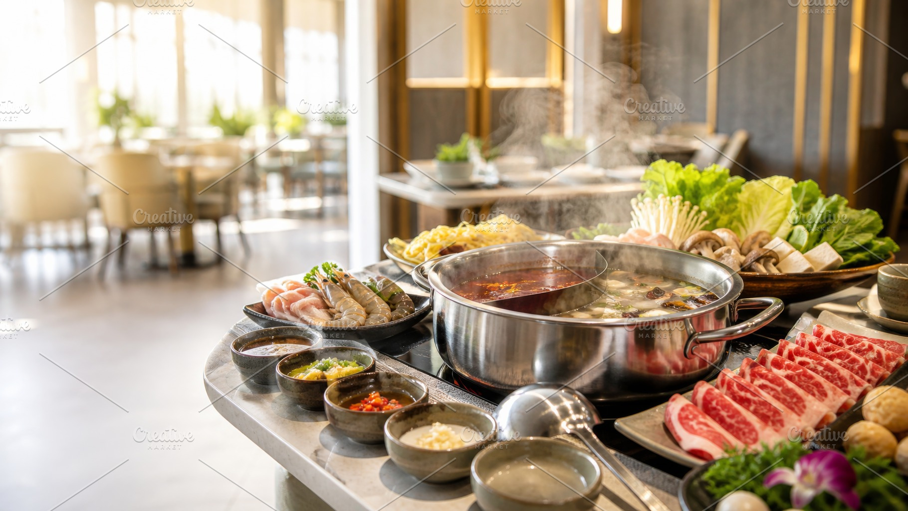 Hot pot party with fresh ingredients, a Photo by Dvoevnore photos