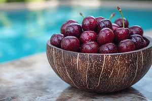 Fresh cherries in a wooden bowl near, a Photo by Tanuart